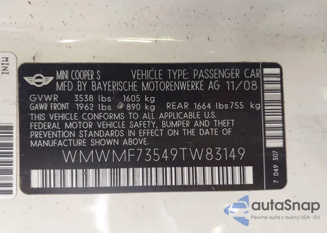 2009 Mini Cooper S from USA, damaged, VIN WMWMF73549TW83149